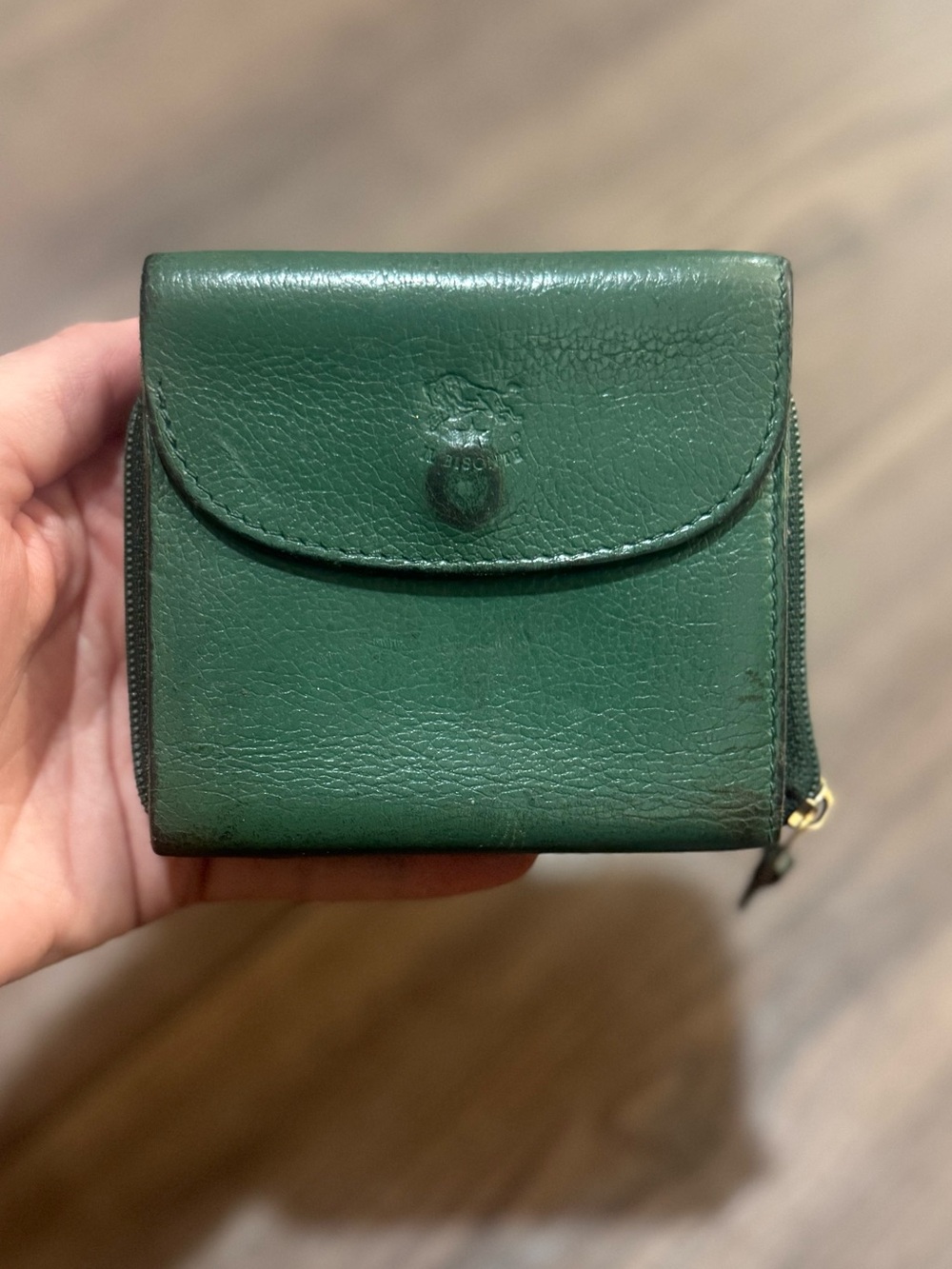 Vintage IL BISONTE Green Leather Wallet Made In Italy Zip Coin Bifold Snap